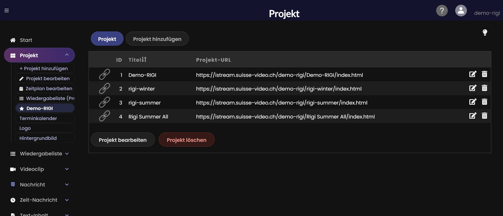 Menü Projekt